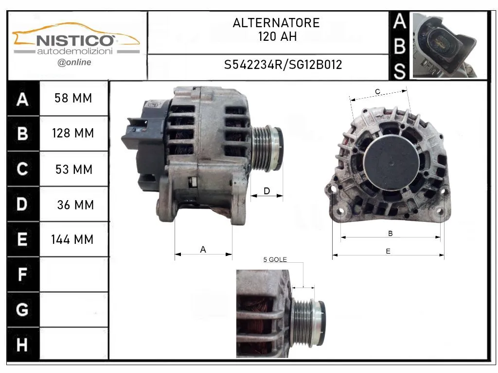 ALTERNATORE con codice 437341-S542234R da VOLKSWAGEN Passat Variant 2Â° Serie 1900 Diesel 81 con codice motore AFN/AFN (1998)