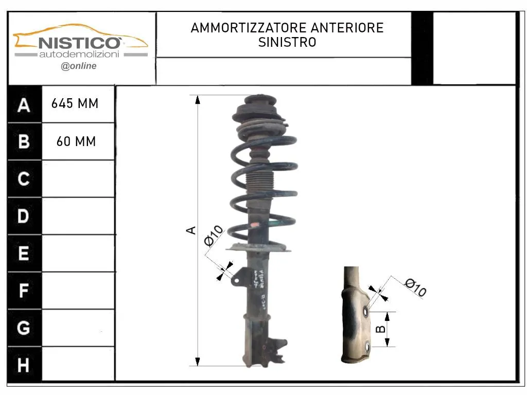 AMMORTIZZATORE ANTERIORE SINISTRO con codice 51857306 da FIAT Panda Cross (169) (05>12) 1300 Diesel 51 con codice motore 188A8000/188A8000 (2006)