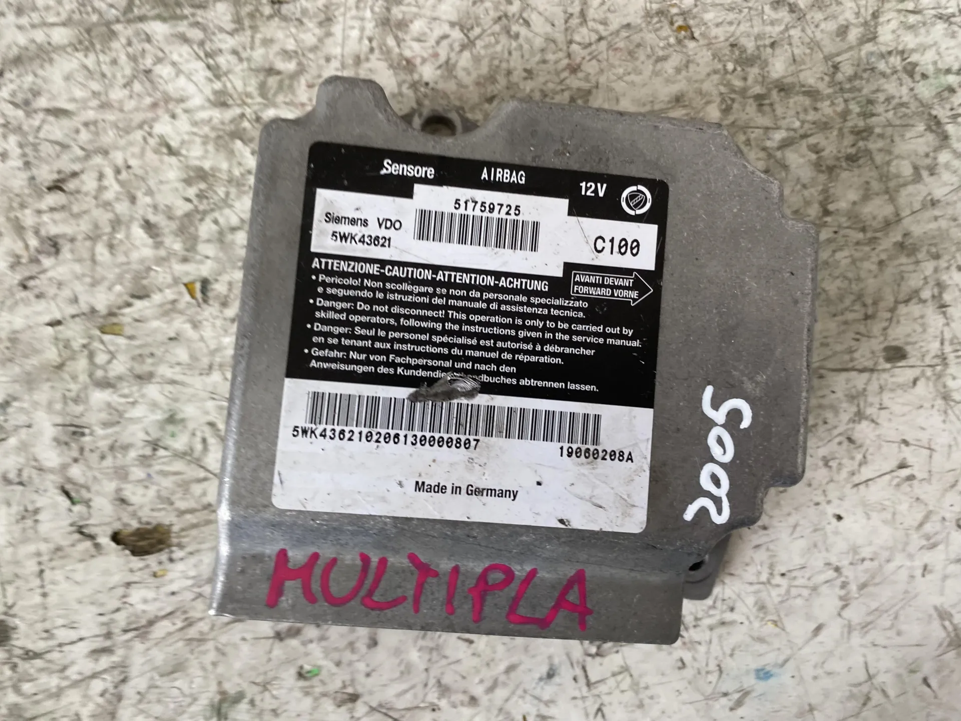 CENTRALINA AIRBAG con codice 5WK43621 da FIAT Multipla 2Â° Serie Diesel (2005)