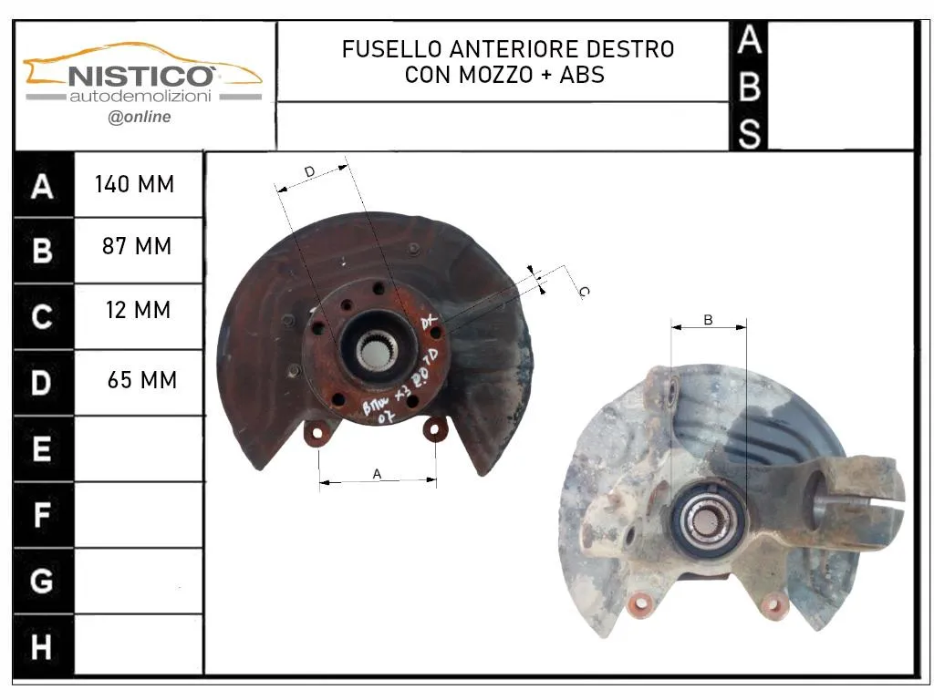 FUSELLO COMPLETO ANTERIORE DESTRO con codice 31213450558 da BMW X3 1Â° Serie 2000 Diesel 110 con codice motore 204D4/204D4 (2007)